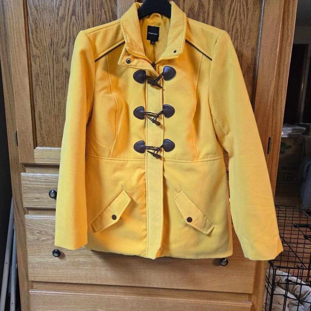Rampage Women's Large  Mustard Yellow Pea Coat w/ Zipper, Toggle Buttons EUC